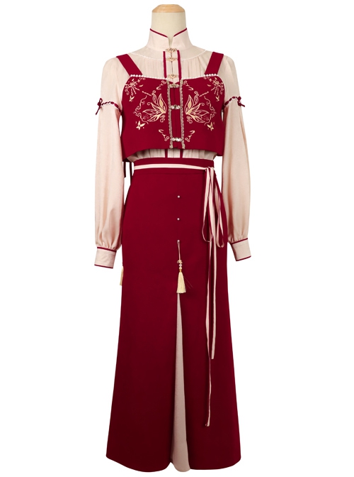 Floating Dream Butterfly Sheng Series Improve Song Dynasty Hanfu Chinese Elements Style Stand Collar Shirt Embroidery Vest Red Zipper Skirt Set