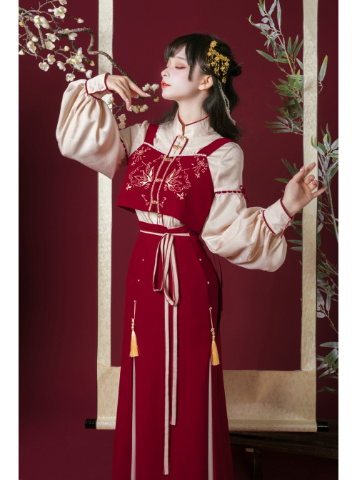 Floating Dream Butterfly Sheng Series Improve Song Dynasty Hanfu Chinese Elements Style Stand Collar Shirt Embroidery Vest Red Zipper Skirt Set