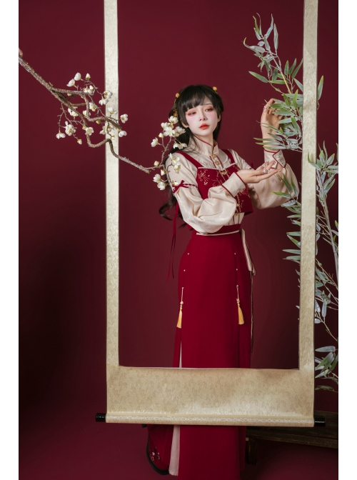 Floating Dream Butterfly Sheng Series Improve Song Dynasty Hanfu Chinese Elements Style Stand Collar Shirt Embroidery Vest Red Zipper Skirt Set