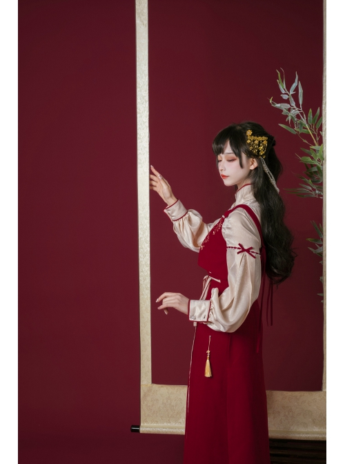 Floating Dream Butterfly Sheng Series Improve Song Dynasty Hanfu Chinese Elements Style Stand Collar Shirt Embroidery Vest Red Zipper Skirt Set