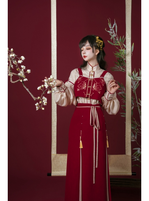 Floating Dream Butterfly Sheng Series Improve Song Dynasty Hanfu Chinese Elements Style Stand Collar Shirt Embroidery Vest Red Zipper Skirt Set