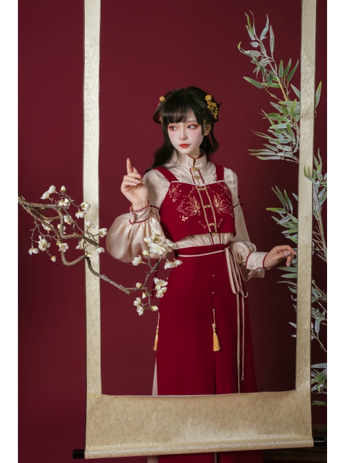 Floating Dream Butterfly Sheng Series Improve Song Dynasty Hanfu Chinese Elements Style Stand Collar Shirt Embroidery Vest Red Zipper Skirt Set