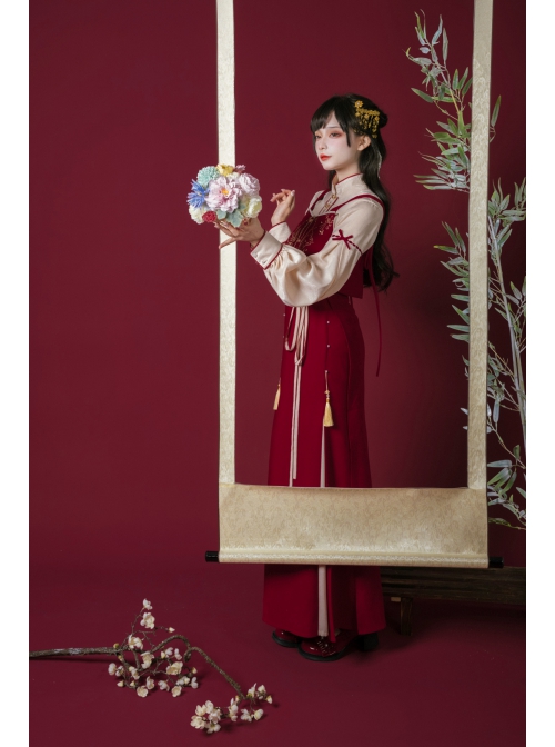 Floating Dream Butterfly Sheng Series Improve Song Dynasty Hanfu Chinese Elements Style Stand Collar Shirt Embroidery Vest Red Zipper Skirt Set