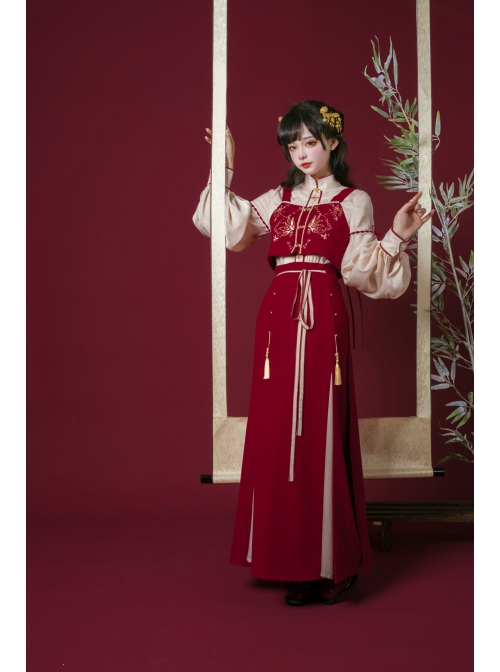 Floating Dream Butterfly Sheng Series Improve Song Dynasty Hanfu Chinese Elements Style Stand Collar Shirt Embroidery Vest Red Zipper Skirt Set