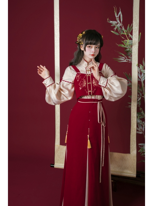 Floating Dream Butterfly Sheng Series Improve Song Dynasty Hanfu Chinese Elements Style Stand Collar Shirt Embroidery Vest Red Zipper Skirt Set