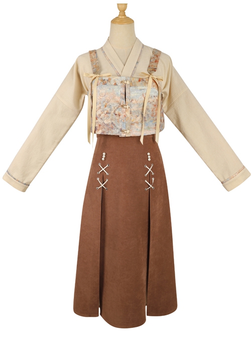 Ice Frost Series Improve Song Dynasty Hanfu Chinese Style Elements Daily Autumn Winter Beige Top Oil Painting Printing Vest Brown Skirt Three-Pieces Set