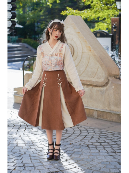 Ice Frost Series Improve Song Dynasty Hanfu Chinese Style Elements Daily Autumn Winter Beige Top Oil Painting Printing Vest Brown Skirt Three-Pieces Set