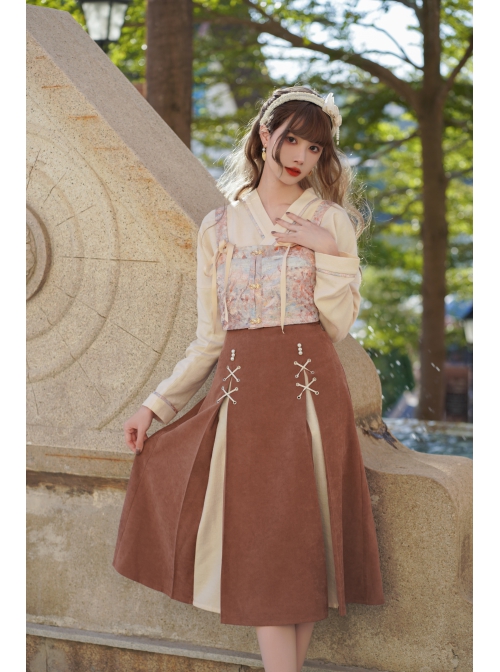 Ice Frost Series Improve Song Dynasty Hanfu Chinese Style Elements Daily Autumn Winter Beige Top Oil Painting Printing Vest Brown Skirt Three-Pieces Set