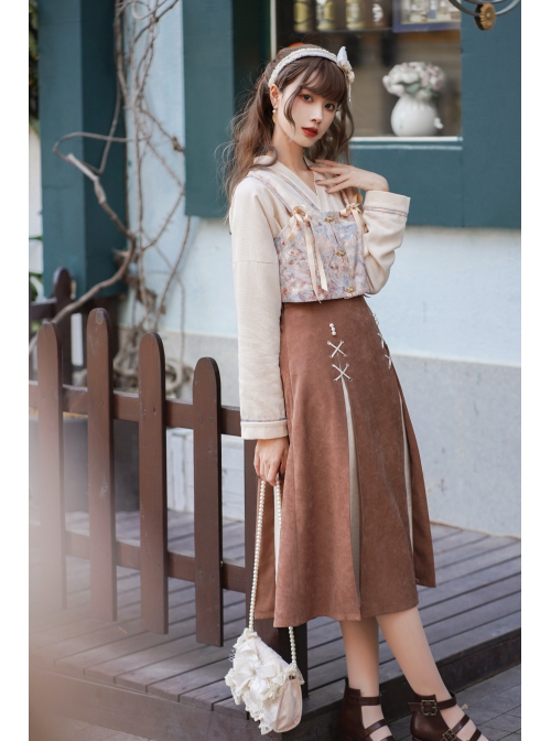 Ice Frost Series Improve Song Dynasty Hanfu Chinese Style Elements Daily Autumn Winter Beige Top Oil Painting Printing Vest Brown Skirt Three-Pieces Set