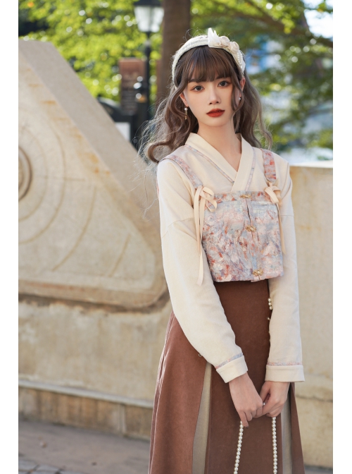 Ice Frost Series Improve Song Dynasty Hanfu Chinese Style Elements Daily Autumn Winter Beige Top Oil Painting Printing Vest Brown Skirt Three-Pieces Set