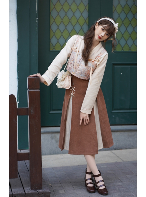 Ice Frost Series Improve Song Dynasty Hanfu Chinese Style Elements Daily Autumn Winter Beige Top Oil Painting Printing Vest Brown Skirt Three-Pieces Set