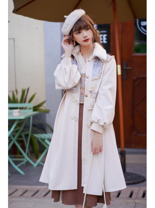 Ice Frost Series Lolita Chinese Elements Style Improve Song Dynasty Hanfu Daily Autumn Winter Beige Plush Collar Long Coat