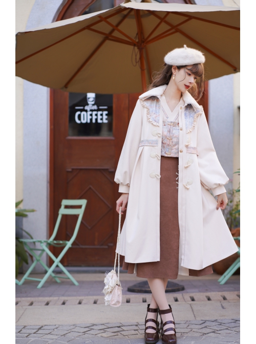 Ice Frost Series Lolita Chinese Elements Style Improve Song Dynasty Hanfu Daily Autumn Winter Beige Plush Collar Long Coat