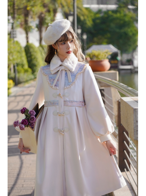 Ice Frost Series Lolita Chinese Elements Style Improve Song Dynasty Hanfu Daily Autumn Winter Beige Plush Collar Long Coat