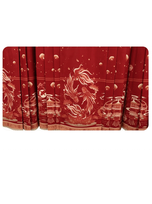 Bright Lanterns Send Carp Series Improve Hanfu New Year Chinese Elements Koi Printing Autumn Winter Red Top And Skirt Set