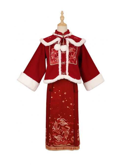 Bright Lanterns Send Carp Series Improve Hanfu New Year Chinese Elements Koi Printing Autumn Winter Red Top And Skirt Set