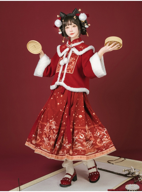 Bright Lanterns Send Carp Series Improve Hanfu New Year Chinese Elements Koi Printing Autumn Winter Red Top And Skirt Set