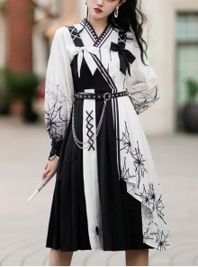 Twilight Forest Series Improve Hanfu Spider Web Printing Black White Chinese Elements Style Top Sling Dress Set