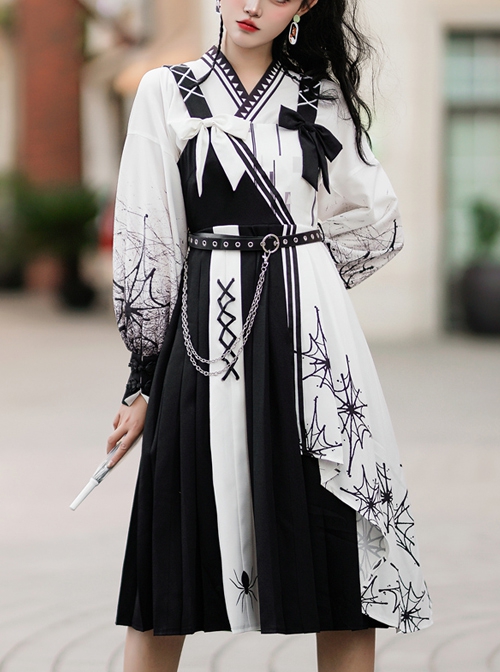Twilight Forest Series Improve Hanfu Spider Web Printing Black White Chinese Elements Style Top Sling Dress Set