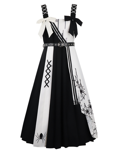 Twilight Forest Series Improve Hanfu Spider Web Printing Black White Chinese Elements Style Top Sling Dress Set