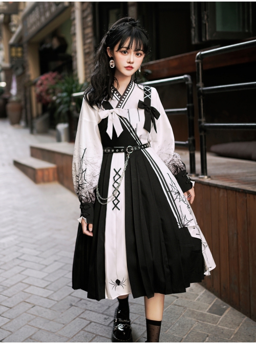 Twilight Forest Series Improve Hanfu Spider Web Printing Black White Chinese Elements Style Top Sling Dress Set