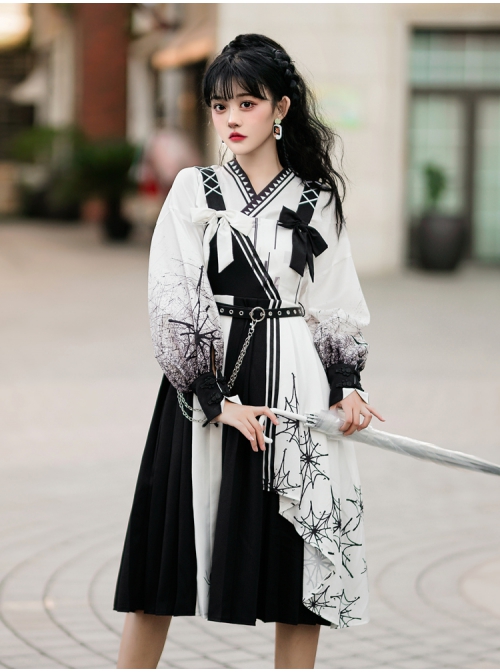 Twilight Forest Series Improve Hanfu Spider Web Printing Black White Chinese Elements Style Top Sling Dress Set