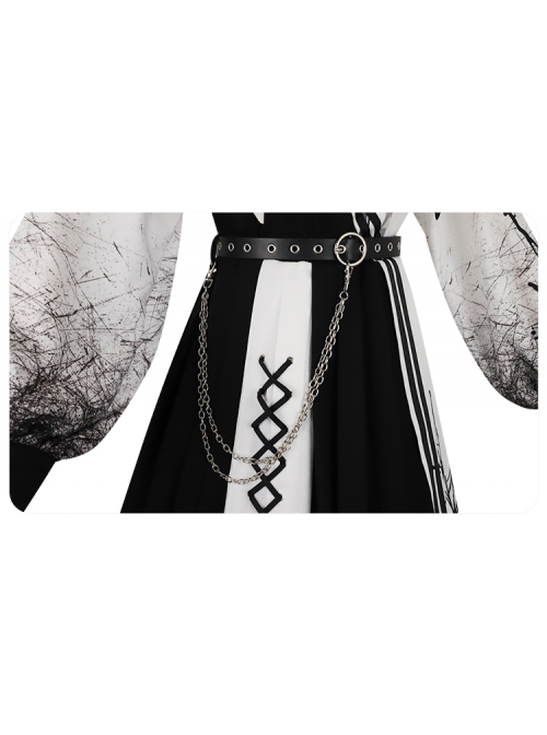 Twilight Forest Series Improve Hanfu Spider Web Printing Black White Chinese Elements Style Top Sling Dress Set