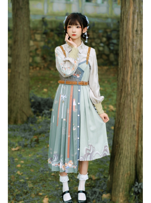 Tangerine Sweetheart Series Chinese Elements Style Improve Hanfu Tangerine Printing Green Sling Dress Beige Shirt Set