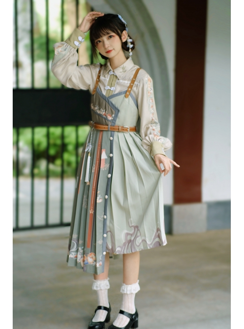 Tangerine Sweetheart Series Chinese Elements Style Improve Hanfu Tangerine Printing Green Sling Dress Beige Shirt Set