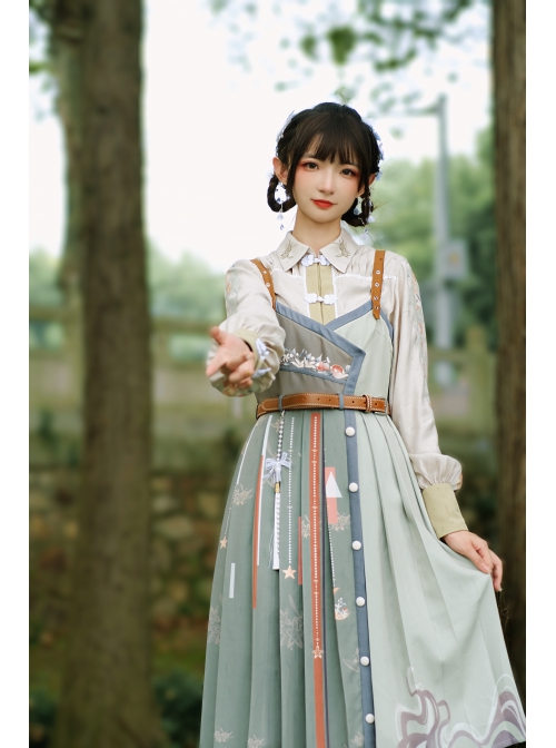 Tangerine Sweetheart Series Chinese Elements Style Improve Hanfu Tangerine Printing Green Sling Dress Beige Shirt Set