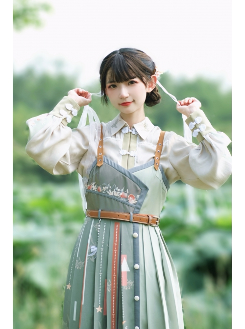 Tangerine Sweetheart Series Chinese Elements Style Improve Hanfu Tangerine Printing Green Sling Dress Beige Shirt Set