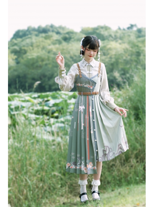 Tangerine Sweetheart Series Chinese Elements Style Improve Hanfu Tangerine Printing Green Sling Dress Beige Shirt Set