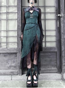 Lust Snake Series Improved Cheongsam Stand Collar Green Duckweed Jacquard Black Lace Gothic Split Dress