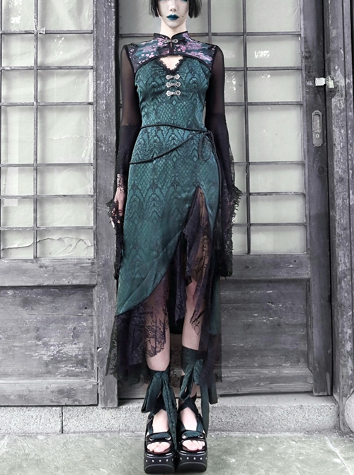 Lust Snake Series Improved Cheongsam Stand Collar Green Duckweed Jacquard Black Lace Gothic Split Dress