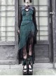 Lust Snake Series Improved Cheongsam Stand Collar Green Duckweed Jacquard Black Lace Gothic Split Dress