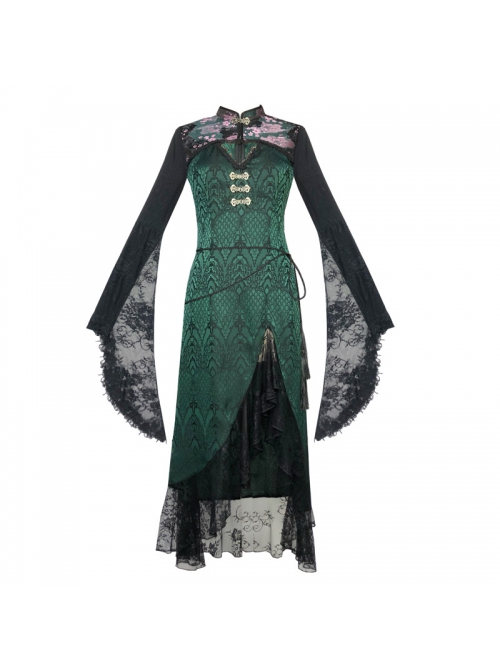 Lust Snake Series Improved Cheongsam Stand Collar Green Duckweed Jacquard Black Lace Gothic Split Dress