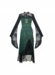 Lust Snake Series Improved Cheongsam Stand Collar Green Duckweed Jacquard Black Lace Gothic Split Dress