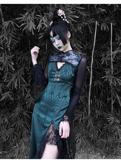 Lust Snake Series Improved Cheongsam Stand Collar Green Duckweed Jacquard Black Lace Gothic Split Dress