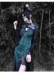 Lust Snake Series Improved Cheongsam Stand Collar Green Duckweed Jacquard Black Lace Gothic Split Dress