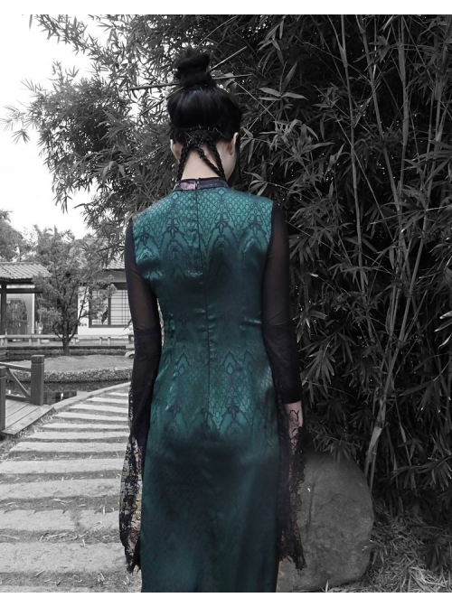 Lust Snake Series Improved Cheongsam Stand Collar Green Duckweed Jacquard Black Lace Gothic Split Dress