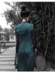 Lust Snake Series Improved Cheongsam Stand Collar Green Duckweed Jacquard Black Lace Gothic Split Dress