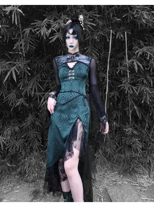 Lust Snake Series Improved Cheongsam Stand Collar Green Duckweed Jacquard Black Lace Gothic Split Dress