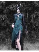 Lust Snake Series Improved Cheongsam Stand Collar Green Duckweed Jacquard Black Lace Gothic Split Dress