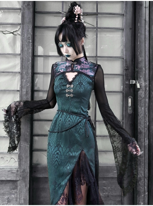 Lust Snake Series Improved Cheongsam Stand Collar Green Duckweed Jacquard Black Lace Gothic Split Dress