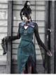 Lust Snake Series Improved Cheongsam Stand Collar Green Duckweed Jacquard Black Lace Gothic Split Dress