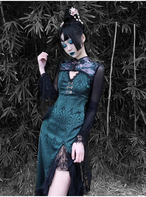 Lust Snake Series Improved Cheongsam Stand Collar Green Duckweed Jacquard Black Lace Gothic Split Dress