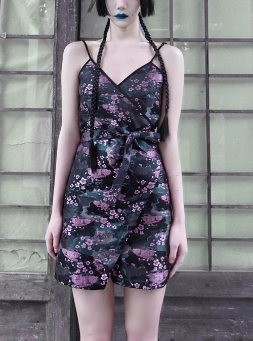 Lust Snake Series Pink Flowers Blackish Green Duckweed Jacquard Split Hem Gothic Sexy Sling Dress