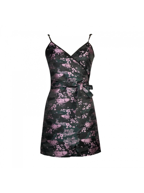 Lust Snake Series Pink Flowers Blackish Green Duckweed Jacquard Split Hem Gothic Sexy Sling Dress
