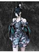 Lust Snake Series Pink Flowers Blackish Green Duckweed Jacquard Split Hem Gothic Sexy Sling Dress