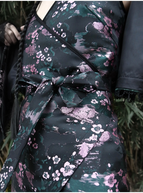 Lust Snake Series Pink Flowers Blackish Green Duckweed Jacquard Split Hem Gothic Sexy Sling Dress